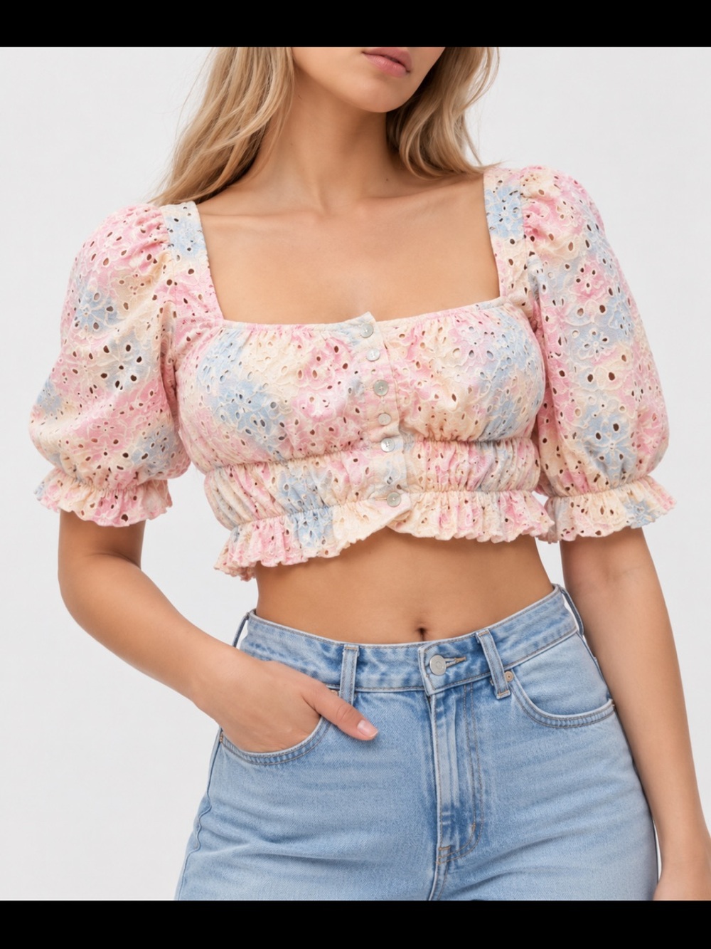 Urban Outfitters Pastel Multicolor Eyelet Cropped Blouse Puff Sleeves S